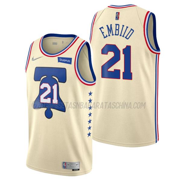 camiseta joel embiid philadelphia 76ers de 21 hombre earned edition 2021 crema