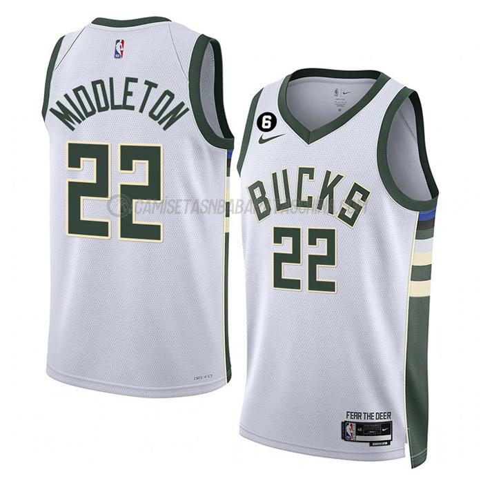 camiseta khris middleton milwaukee bucks de 22 hombre association edition 2023 blanco